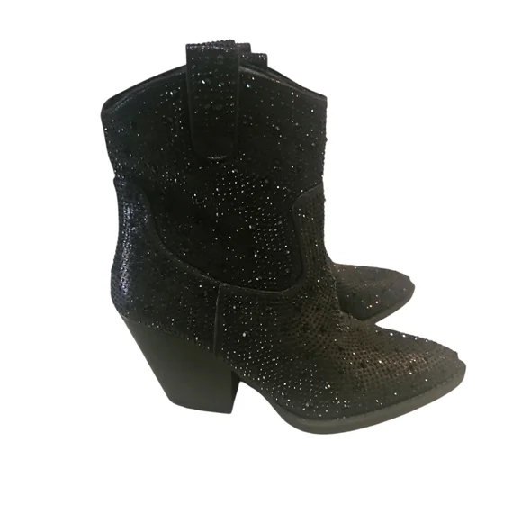 FOREVER RiverWomen Rhimestone Block Chunky Heel Black Glitter Ankle Boots Size 7 - Picture 1 of 13